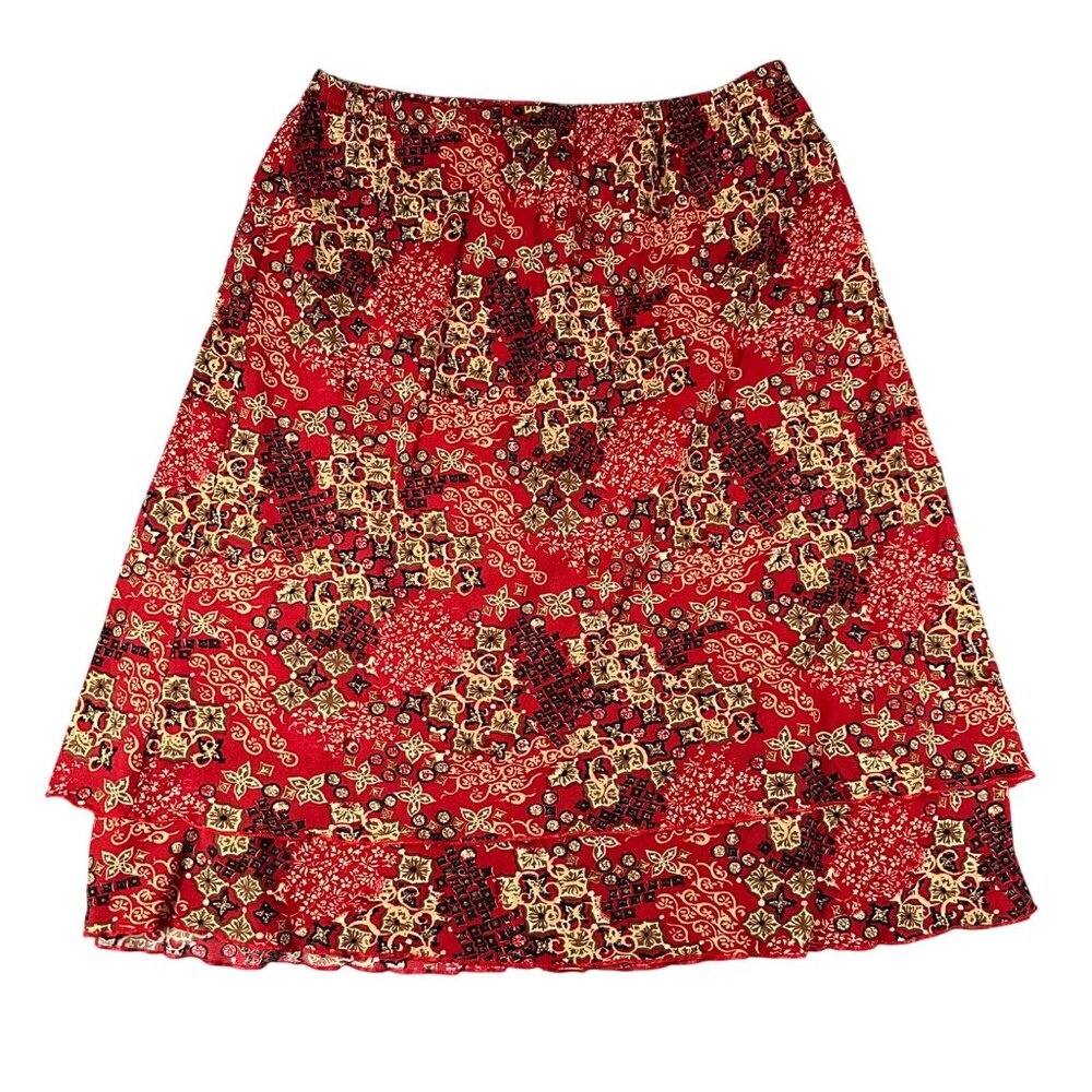 Vtg George Womens 14W/16W Red Print Pull On Layered Midi Skirt‎ Nylon Polyester